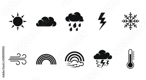 Black and white weather icons depicting various atmospheric conditions