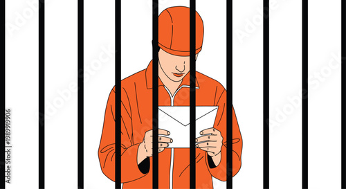 A male inmate wearing a bright orange uniform and matching cap reads a personal letter behind thick black vertical prison bars in a stark environment.
