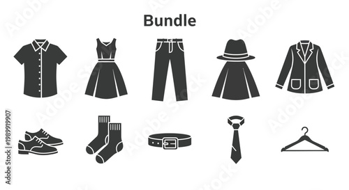 A collection of various clothing items and fashion accessories shown in silhouette