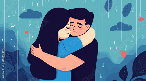 Illustration of a couple embracing in the rain, conveying sadness and support. Blue, gray color scheme