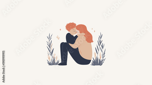 A tender illustration depicts two figures embracing, surrounded by stylized greenery, evoking warmth