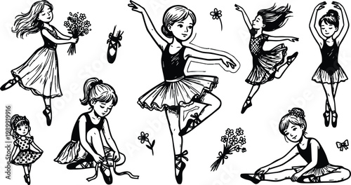 Black and white line art ballet girls in various poses holding flowers and pointe shoes
