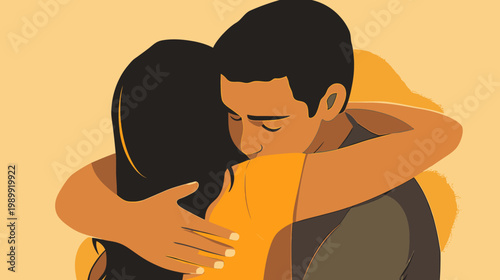 Illustration of two figures embracing. One person's face is partially visible, eyes closed, in a warm embrace