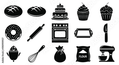 Black silhouette icons depicting baking ingredients treats and kitchen tools
