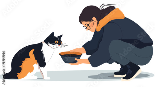 A person crouching and offering food to a cat. The cat looks at the food, anticipating a meal
