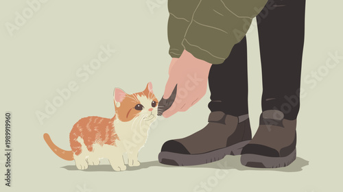 An illustration showing an orange and white kitten sniffing a dark object held by a person