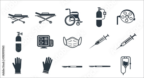Collection of medical icons depicting equipment supplies and hygiene