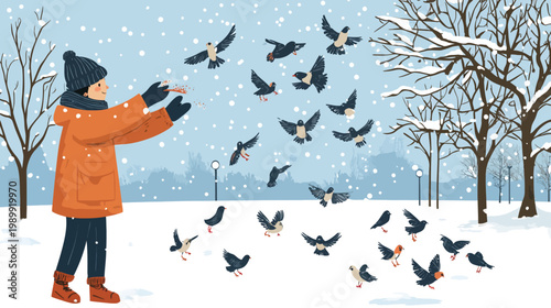 Person in orange coat and hat, feeding birds in a snowy park setting. Winter scene