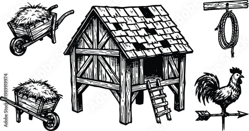 Black and white line art coop on stilts with ladder wheelbarrows hay rope and rooster weathervane