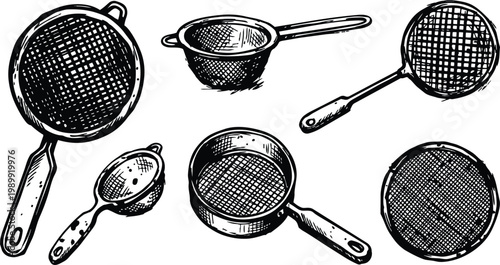 Hand drawn crosshatched sieves and strainers set with handles in black and white line art