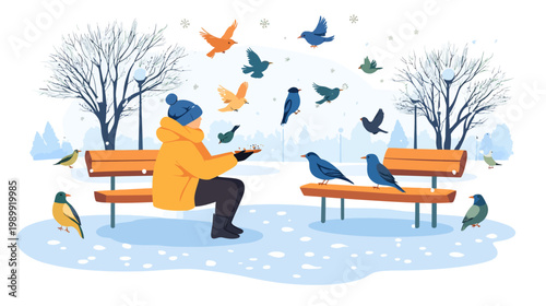 A person in a winter park feeds birds. Snow falls, and the birds gather around. Two benches present