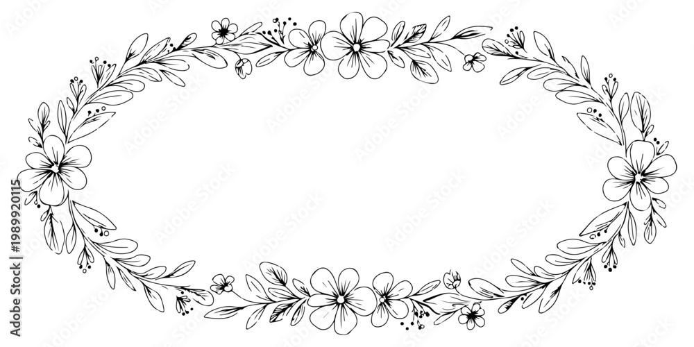 Obraz premium Hand-drawn Floral Oval Frame with Decorative Blossoms.