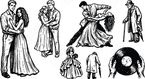 Black and white line art couples dancing waltz and dip with vinyl hands and elderly man