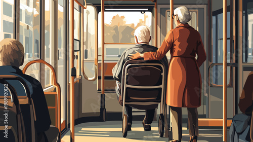 Illustration depicts elderly individuals in a vehicle, sunlight illuminating interior, fostering themes of travel and care