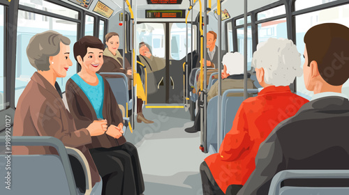 Inside a bus with passengers of various ages, in a colorfully illustrated scene
