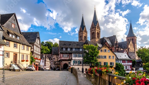 Cobblestone street, old buildings, church spires, flower boxes, sunny day, cloudy sky