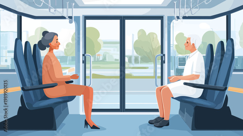 Illustration of two senior citizens inside a public transport vehicle, facing each other