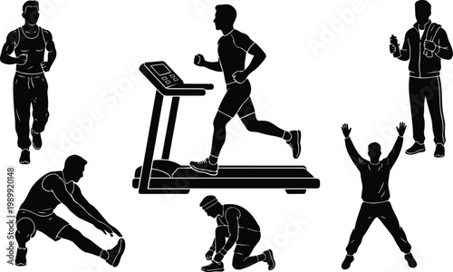 Flat black and white silhouettes of men exercising with treadmill stretching and jumping