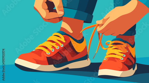 Colorful illustration of hands tying shoelaces on running shoes, ready for exercise or action