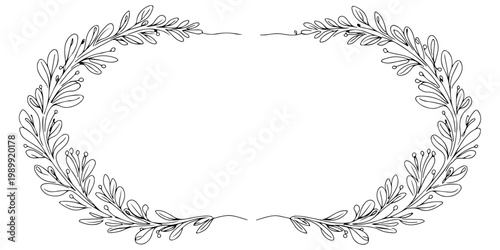 Hand-drawn laurel wreath botanical frame with decorative leaves.