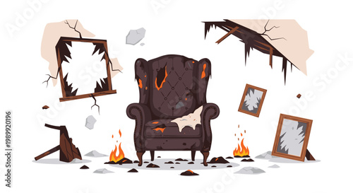 A single burnt leather armchair sits amidst the wreckage of a destroyed room featuring cracked walls and broken picture frames under low lighting conditions.