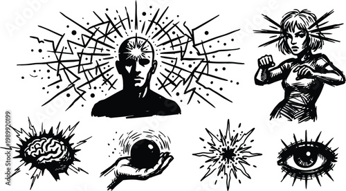 Ink line art radiant head and fighting woman with energy orb and exploding brain motifs