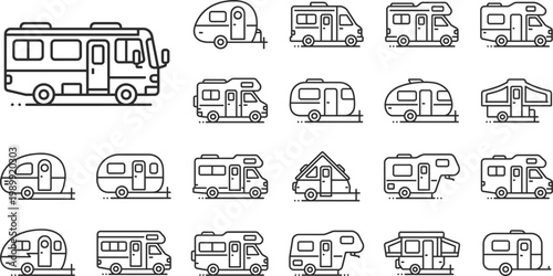 Camper van and caravan icons set, recreational vehicles in outline style, vector collection for travel, camping, road trip, vacation and outdoor adventure design use