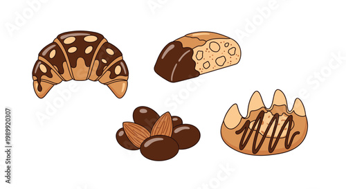 A delicious assortment of chocolate-covered pastries including a flaky croissant and crunchy biscotti are displayed against a clean white background setting.