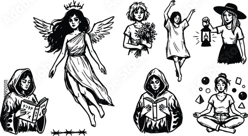 Black and white line art angel with crown wings hooded readers witchy women