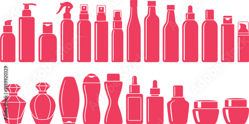 Cosmetic bottle silhouettes collection including spray pump containers, lotion dispensers, perfume flacons and skincare packaging, black vector set for beauty, hygiene and branding design
