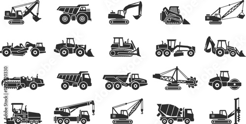 Construction machinery icons set, excavators, dump trucks and heavy equipment silhouettes, black vector collection for industry, engineering, building and worksite design use