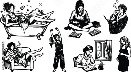 Black and white line art women relaxing bath reading coffee studying pregnant by window morning light