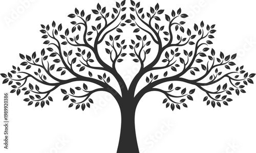 Elegant tree silhouette with detailed branches and leaves, nature symbol vector illustration for growth, ecology, family roots concept, decorative design isolated on white background