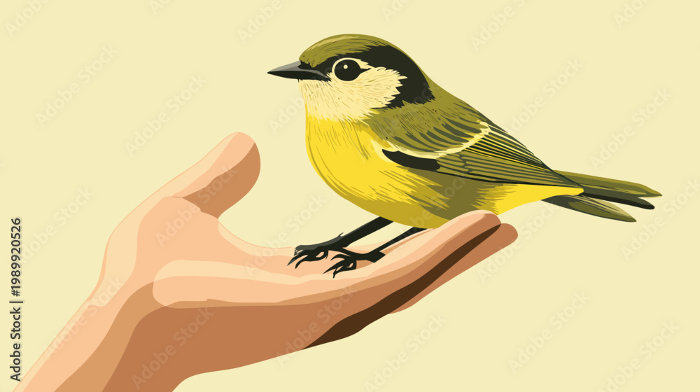 Naklejka premium A vibrant yellow and green bird perches on a light-skinned hand, vector style, against a beige background