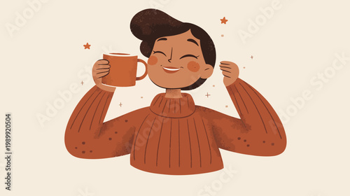 A smiling person in a warm sweater holds a cup of coffee, enjoying a cozy, comforting scene