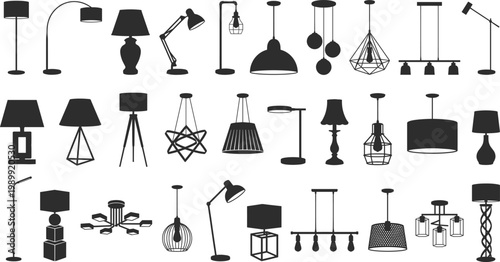 Modern lamp silhouettes collection featuring floor lamps, pendant lights, chandeliers, desk lamps and ceiling fixtures, black vector set for interior lighting design and decor
