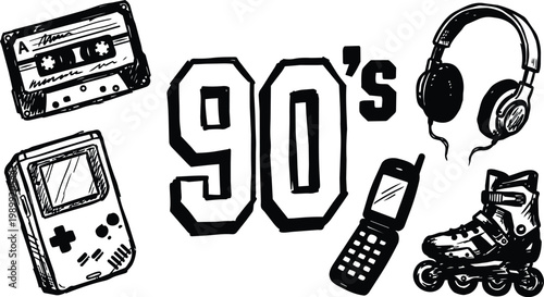 90s hand drawn cassette game boy headphones flip phone rollerblades line art