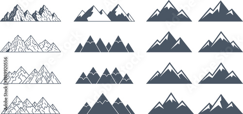 Mountain icons set, minimal and detailed peak shapes in outline and solid styles, black vector collection for nature, landscape, travel and outdoor design use