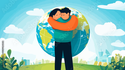 Illustration of two figures embracing in front of Earth with a cityscape in the distance