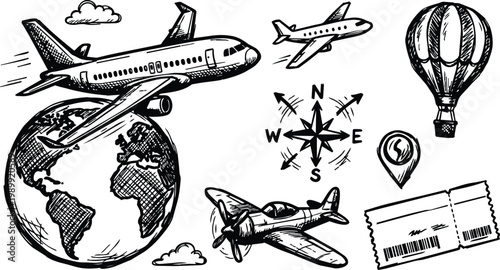 Black and white hand drawn globe with jet airliner propeller plane hot air balloon and compass rose