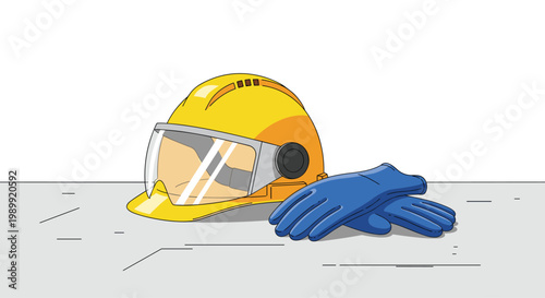 A specialized yellow safety helmet equipped with a clear transparent visor is placed next to blue protective gloves on a minimalist gray flat surface.