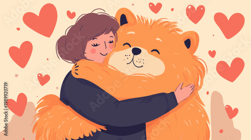 A cartoon illustration of a woman hugging a fluffy, orange dog, surrounded by hearts