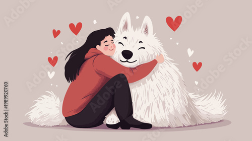 A cartoon illustration of a person hugging a fluffy white animal with hearts floating in the air