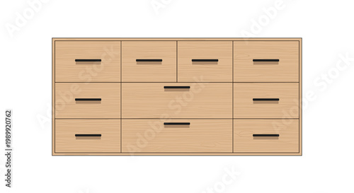 A large contemporary wooden dresser featuring ten spacious drawers and minimalist black metal handles is displayed against a pristine empty white background.