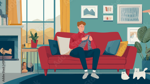 An illustration showing a person knitting on a sofa, inside a cozy living room with cats