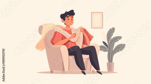 A cartoon man relaxes on a beige armchair, holding a patterned scarf in a warm room