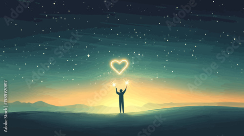 A silhouette figure reaches for a glowing heart in the night sky. Mountains in the distance