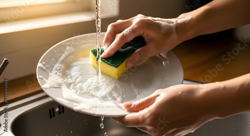 Hands washing a dirty plate with a sponge under running water in a kitchen sink