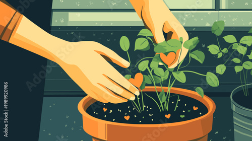 A person's hands tenderly tending to a potted plant, with orange heart shapes