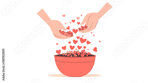 Two hands pour heart-shaped symbols into a bowl. A visual depiction of caring and sharing